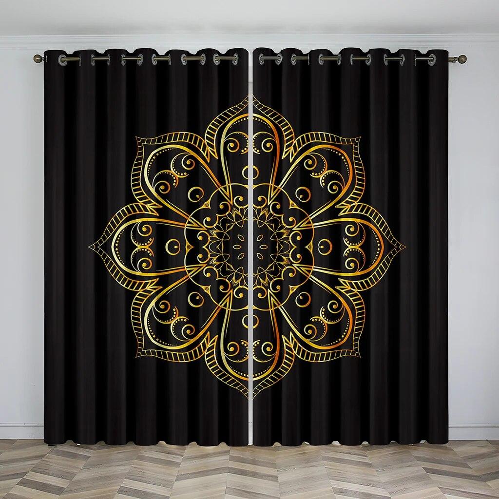 3D Tisk Černý a Zlatý Mandala Závěs 2 Kusy Doprava Zdarma Tenké Závěsy Pokoj Boho Luxusní Značka Dekor Ložnice Obývací Pokoj
