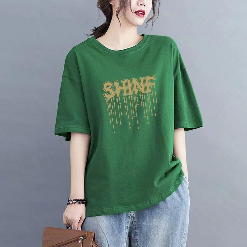 

Высококачественная новая хлопковая футболка с принтом букв, женская классическая с коротким рукавом, с круглым вырезом, свободная, приталенная, вентилируемая, женский повседневный топ 2023 XXXL темно-зеленого