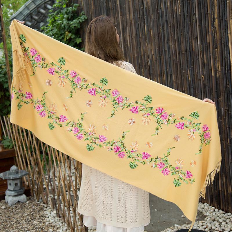 Yunnan Lijiang Women's Ethnic Embroidered Black Tassel Shawl, Thick and Warm, Imitation Cashmere, Oversized for Autumn and Winter