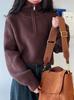 Women's Red High-Collar Zipper Knit Sweater - Short, Thick, Loose Fit for Autumn/Winter
