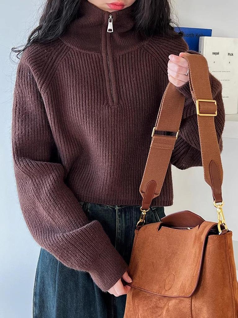Women's Red High-Collar Zipper Knit Sweater - Short, Thick, Loose Fit for Autumn/Winter