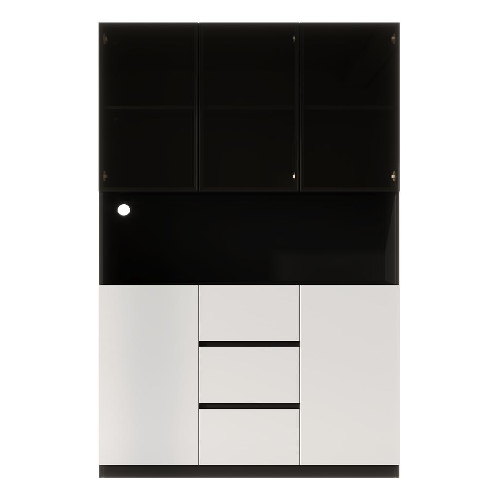 LED-beleuchteter Glasvitrinenschrank 120×40×200 cm – Gehärtetes Glas mit Regalen, Drei Schubladen und Zwei Türen, Vielseitig für Wohn- und Esszimmer.