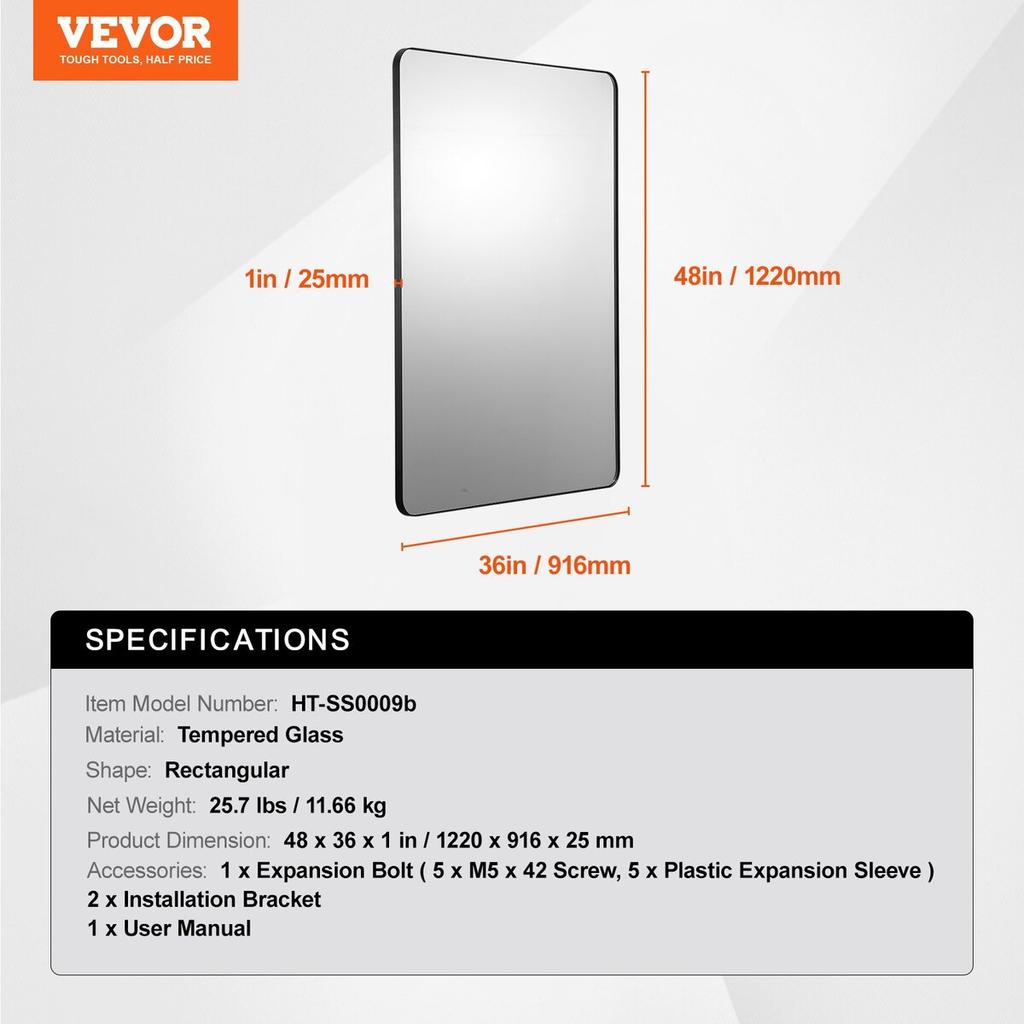 Square Wall Mounted Mirror 36" X 48" Mirror with Aluminium Alloy Frame
