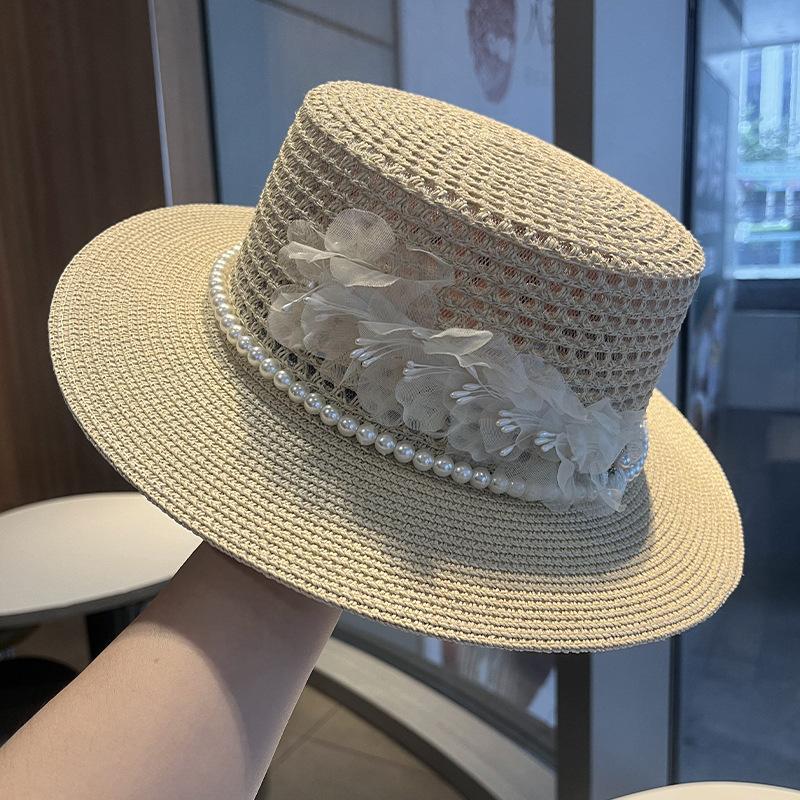 Flat top straw hat female pearl summer travel sun hat vacation beach hat versatile face hat