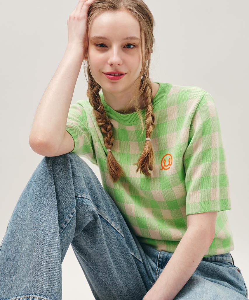MAYOL Check Short Sleeve Crew Neck Knit_Green