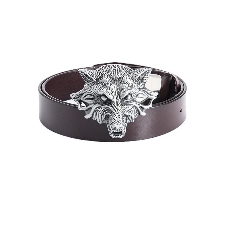 Men's Cowhide Smooth Buckle Belt Domineering Wolf Head Belt Spirit Guy Jeans Belt