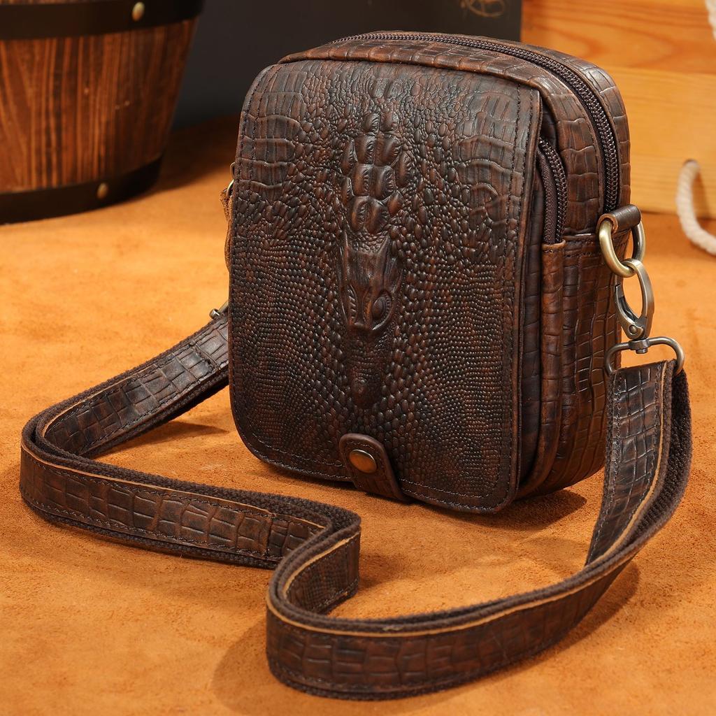 Fashionable Business Men's Bag New Top Layer Cowhide Personalized Diagonal Cross Men's Bag Crocodile Pattern Shoulder Bag
