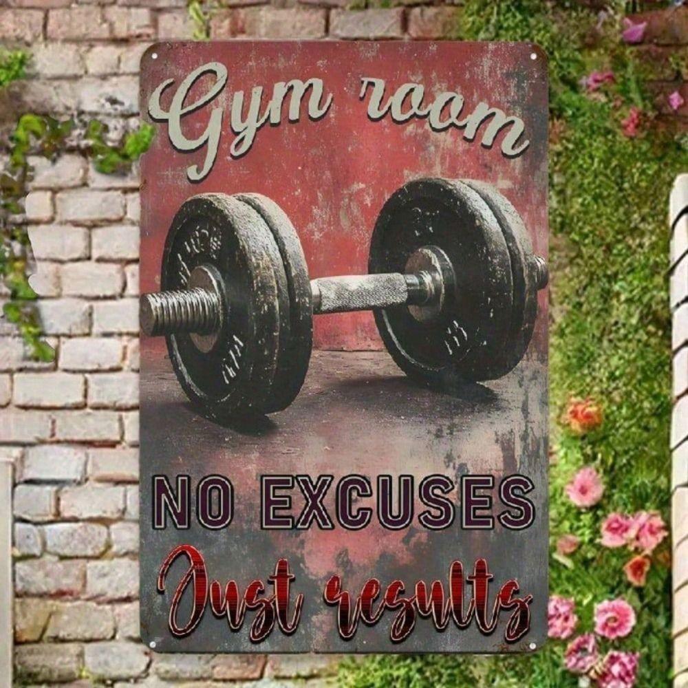 Vintage Metal Sign Wall Art, Dumbbell Weightlifting Gym Decor, No Excuses Just Results for Garage
