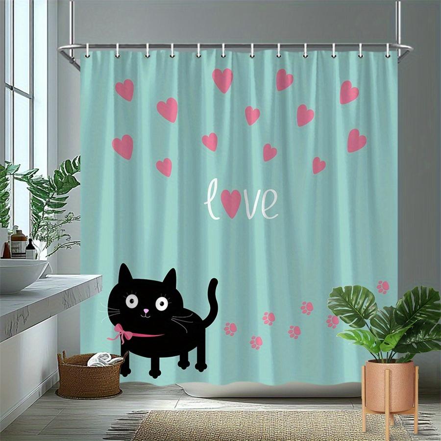 1pc Pink shower curtain with bow and heart pattern, polyester fabric, machine washable, suitable for bathroom decor.