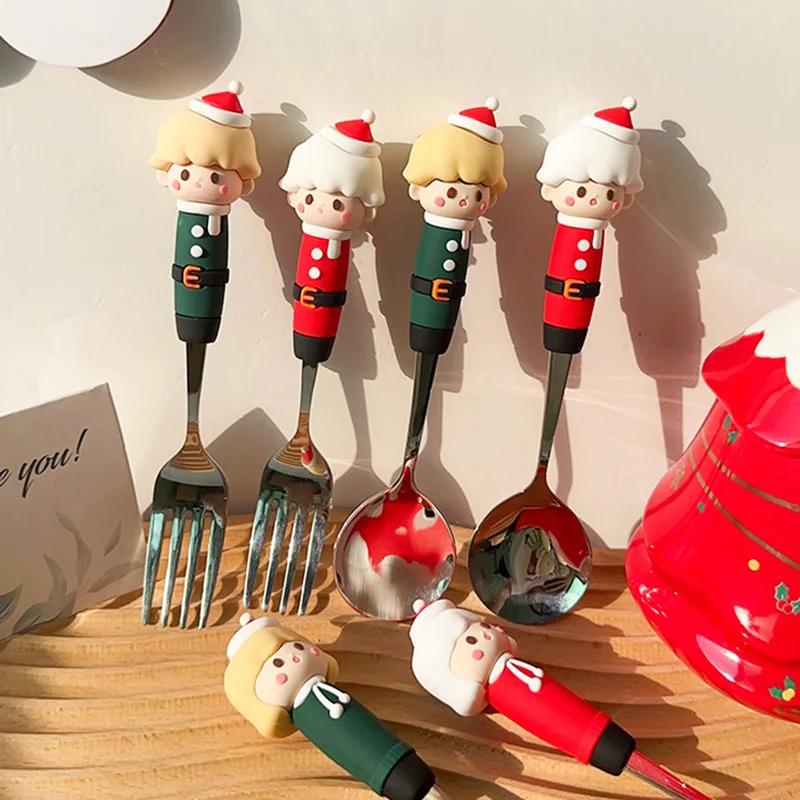 Christmas Coffee Stir Spoons Gift Cute Stainless Steel Spoon Christmas Fork Tableware Cartoon Rice Spoon Home Use