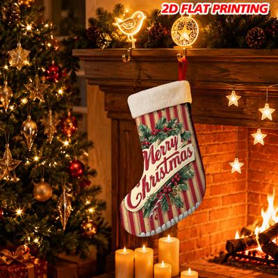 Christmas Decoration Fireplace Hanging Stocking1pc 2D Flat Christmas Holly Candy Cane Striped Design Print Xma
