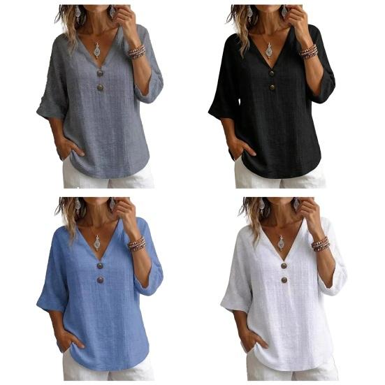 Women Tops Loose Fit V Neck 3/4 Sleeves Pullover Tops Button Decor Pure Color Summer Casual T-shirt Daily Wear