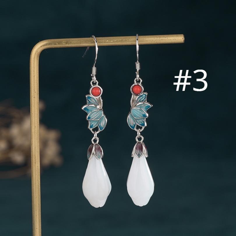 Vintage Chinoiserie Silver Earrings with Flower Jade