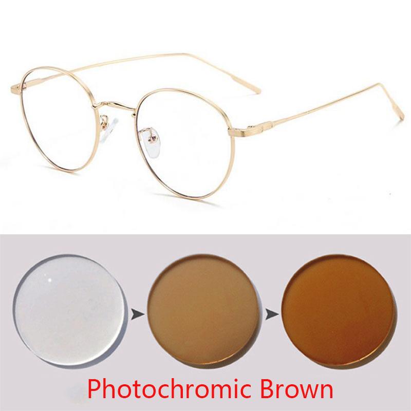 Women Round Myopia Photochromic Prescription Spectacles Metal Anti Blue Light Nearsighted Glasses Diopter 0 -0.5 -0.75 To -6.0