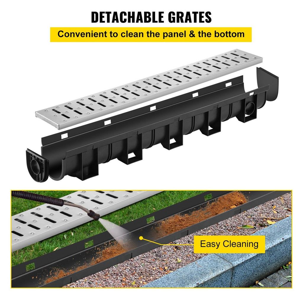 Trench Drain System, Channel Drain with Metal Grate, 150x130 Mm HDPE Drainage Trench, Black Plastic Garage Floor Drain, 3x39 Trench Drain Grate, with