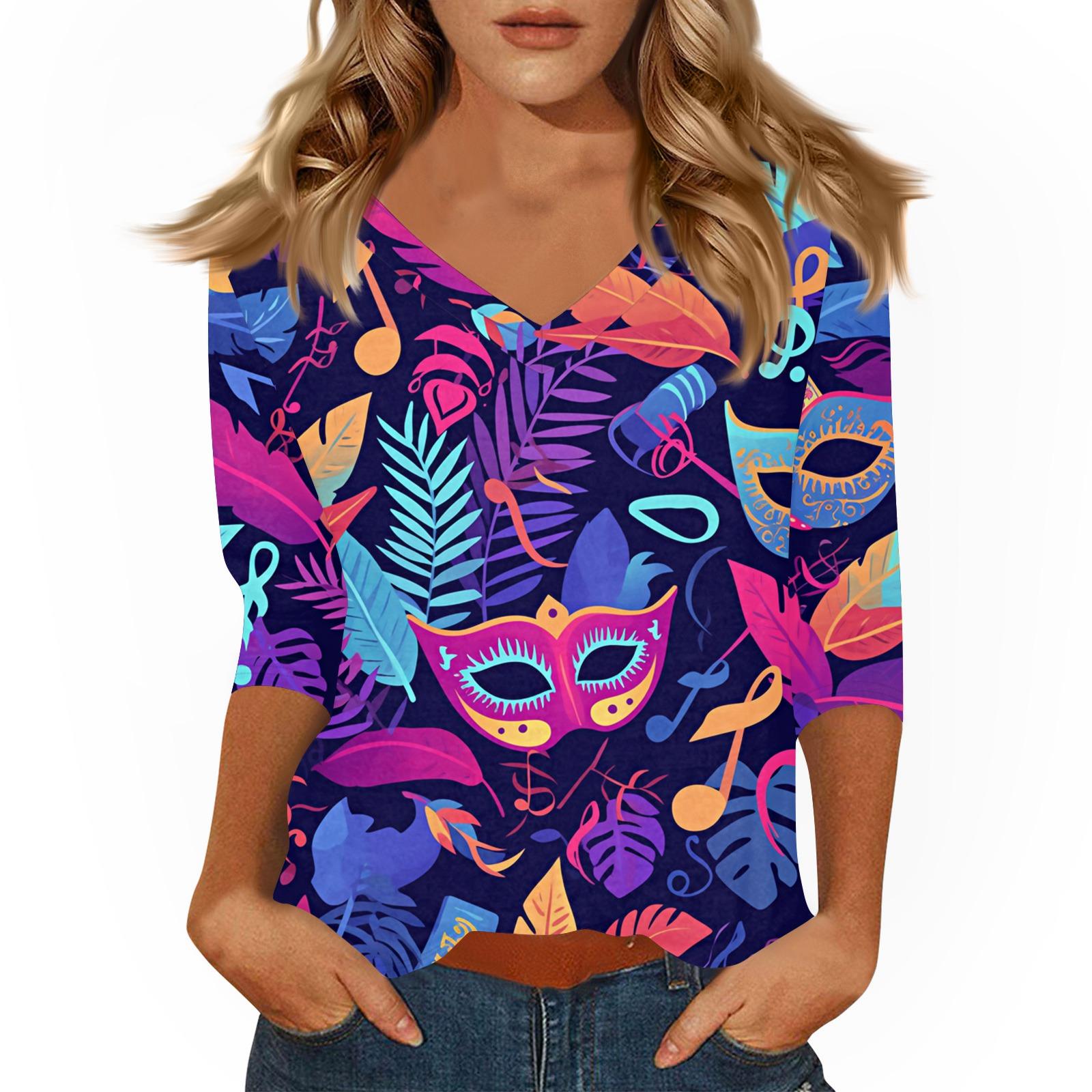 

Women s T Shirt Print 3/4 Sleeve Daily Weekend Fashion Basic V- Neck Regular Top L темно-синього кольору