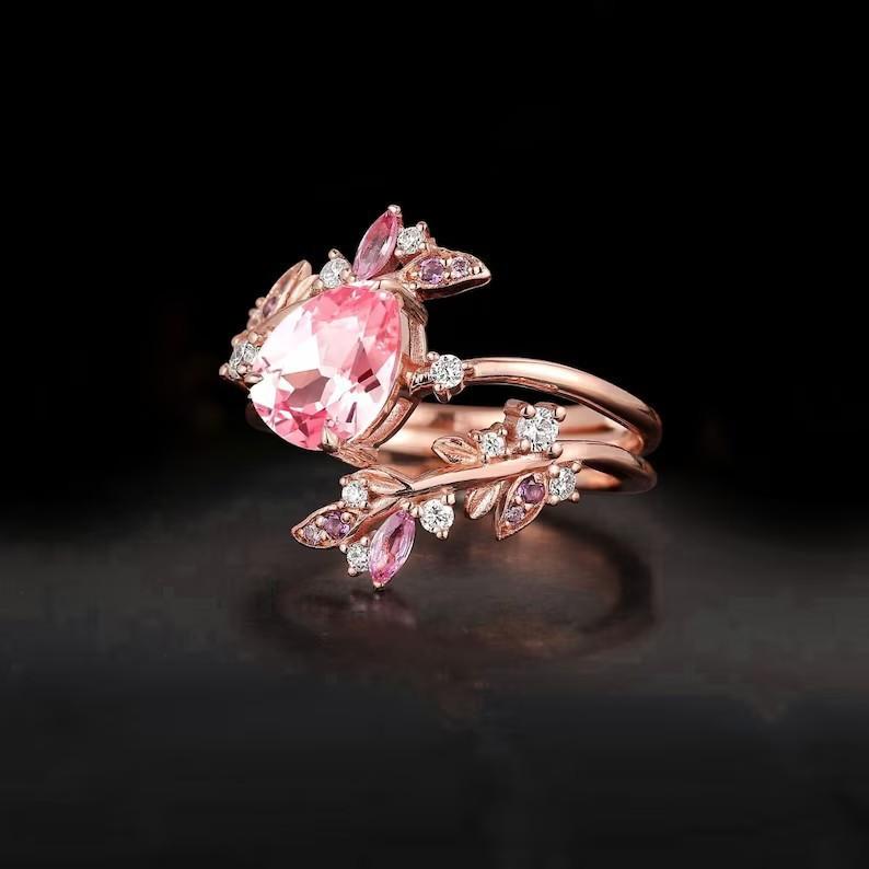 Sweet Pink Heart Shaped Cut Zircon Rings for Women Luxury Gold Tone Multi-layer Branch Dainty Bling Ring Jewelry