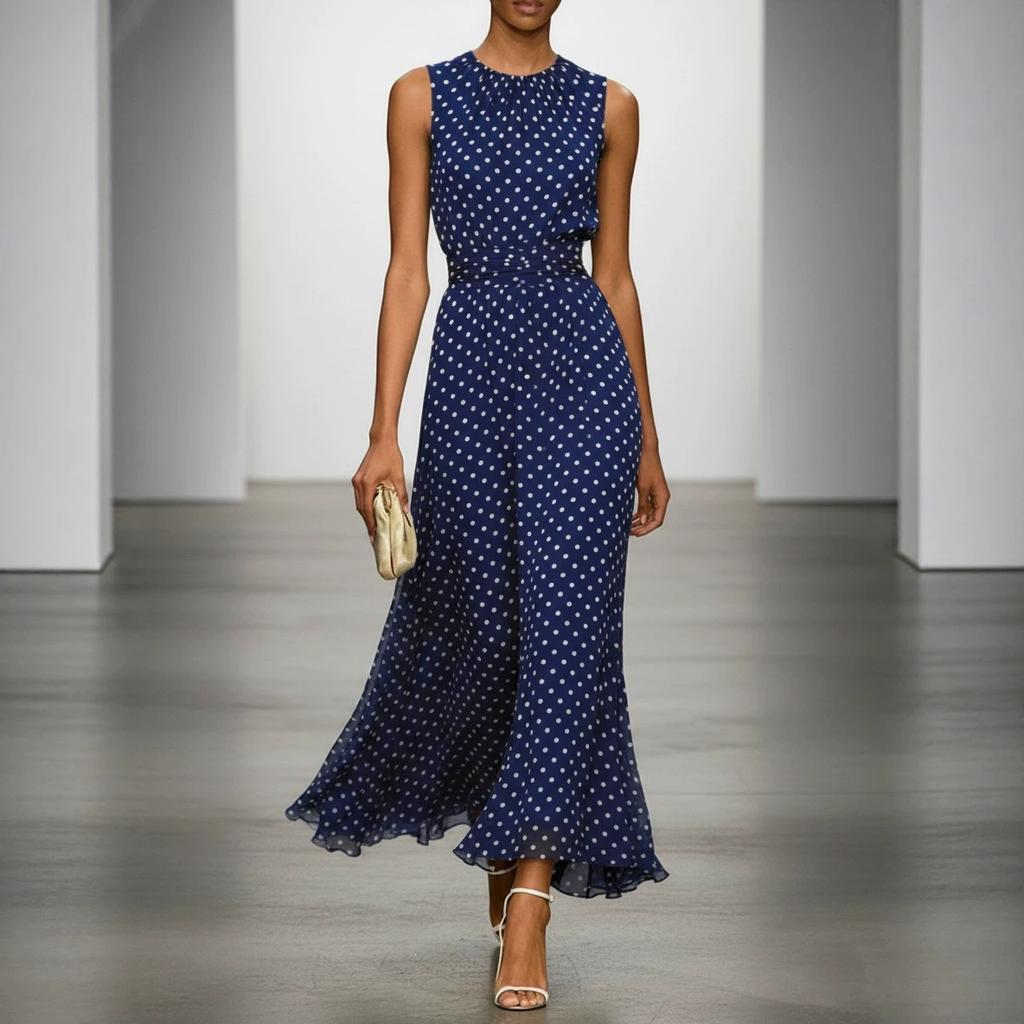 Spring new models, European and American polka dot sleeveless dress for women, French waist temperament long dress, thin A-shaped dress for women