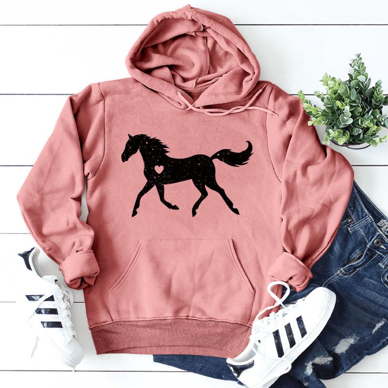 

Европейская и американская мода с рисунком лошади и любви, женская толстовка с капюшоном и длинными рукавами, простая осень и зима S розовый
