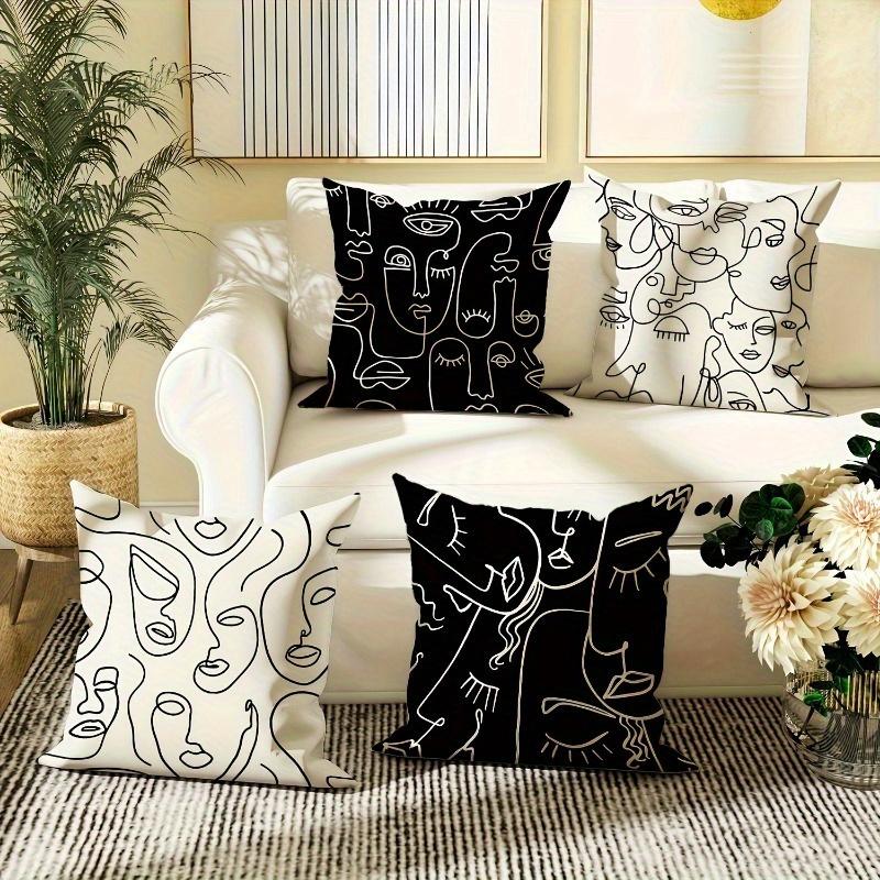 4Pcs Abstract Face Line Art Pillowcase Modern Black And White, Zipper Polyester Fiber Sofa And Bedroom Decorative Pillowcase, Ma