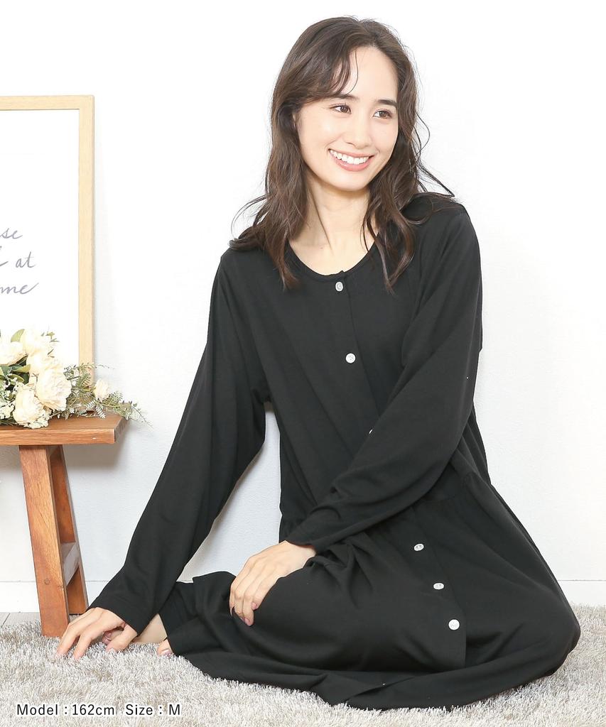 ON NISHIKI Long Sleeve Cotton Stretch Long Loungewear Women's Nightgown, Pajamas, Open-Front, Spring/Autumn, Blend, Jersey, Length, (Black
