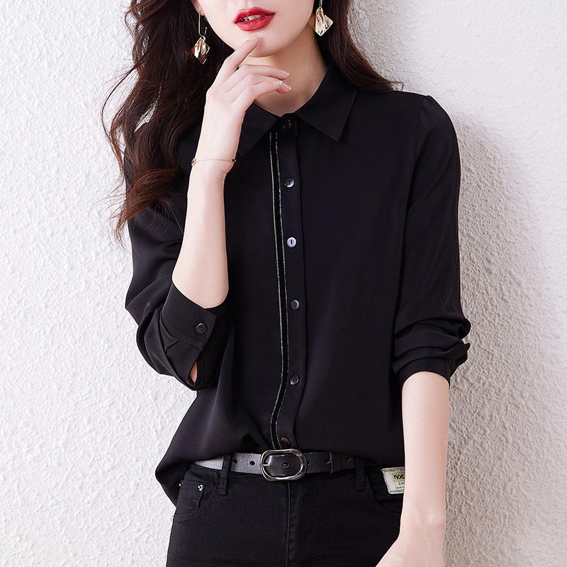 Spring Autumn Black Silk Shirt Women's Long Sleeve Spring Autumn Fashion Satin Silk Top Blouses Shirts