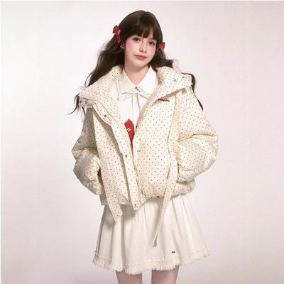 Sweet Bow Polka-dot Hooded Cotton-padded Coat Winter New Thick Bread Clothes Cotton-padded Jacket Women's Short.
