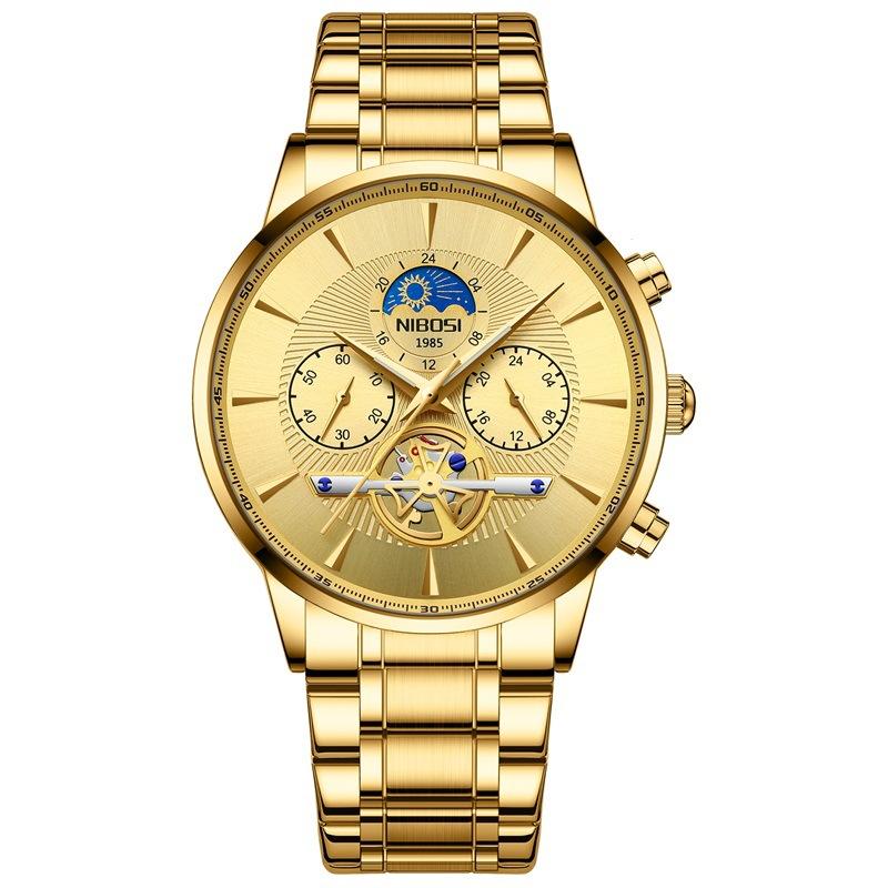 Business Quartz Watch Stainless Steel Belt Sun Moon Star Men'S Moon Phase Watch