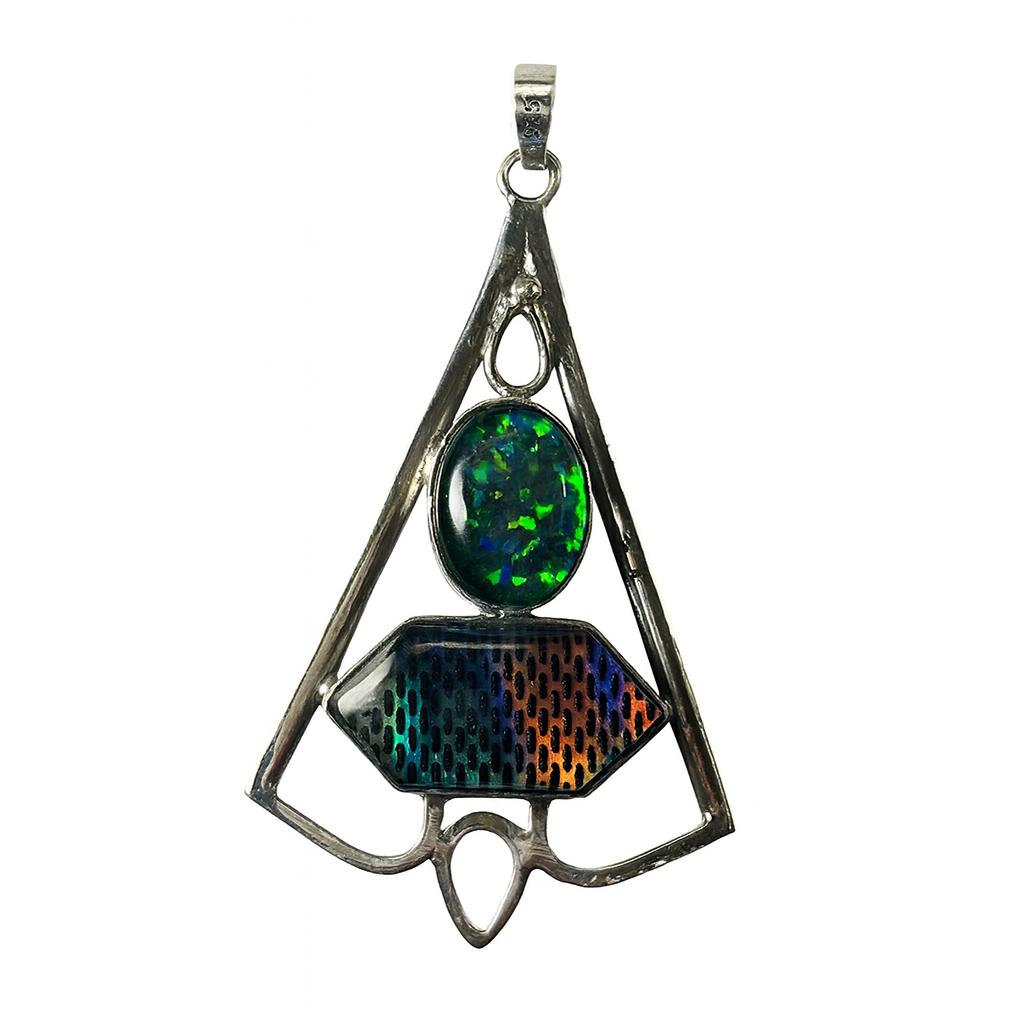 Natural Opal Pendant 64 ct Multicolor 925 Sterling Silver Triangle Art October Birthday Birthstone