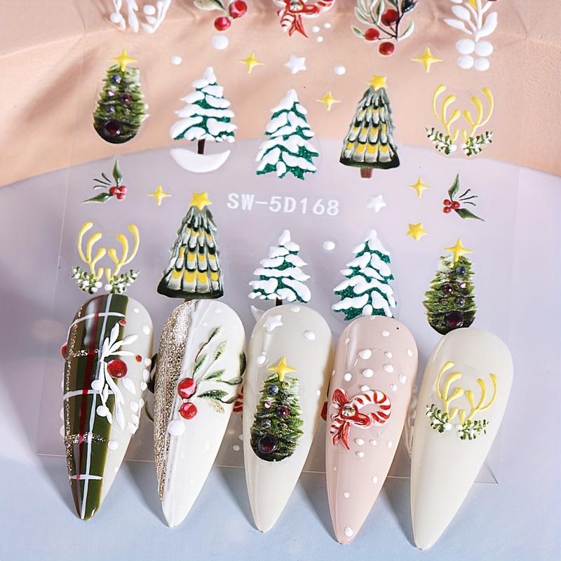 Weihnachts-Nagelkunst-Aufkleber Abziehbilder 1 Blatt, Winter Weihnachtsbaum Blätter Muster Geprägte Selbstklebende Nagelaufkleber, DIY Nagelkunst Dekoration