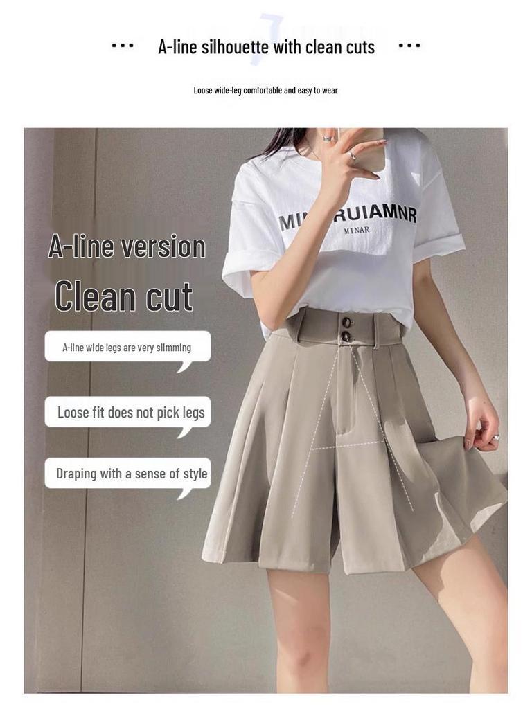 2025 Petite Plus Size Summer Suit: High-Waist A-Line Midi Skirt & Wide-Leg Five-Point Pants