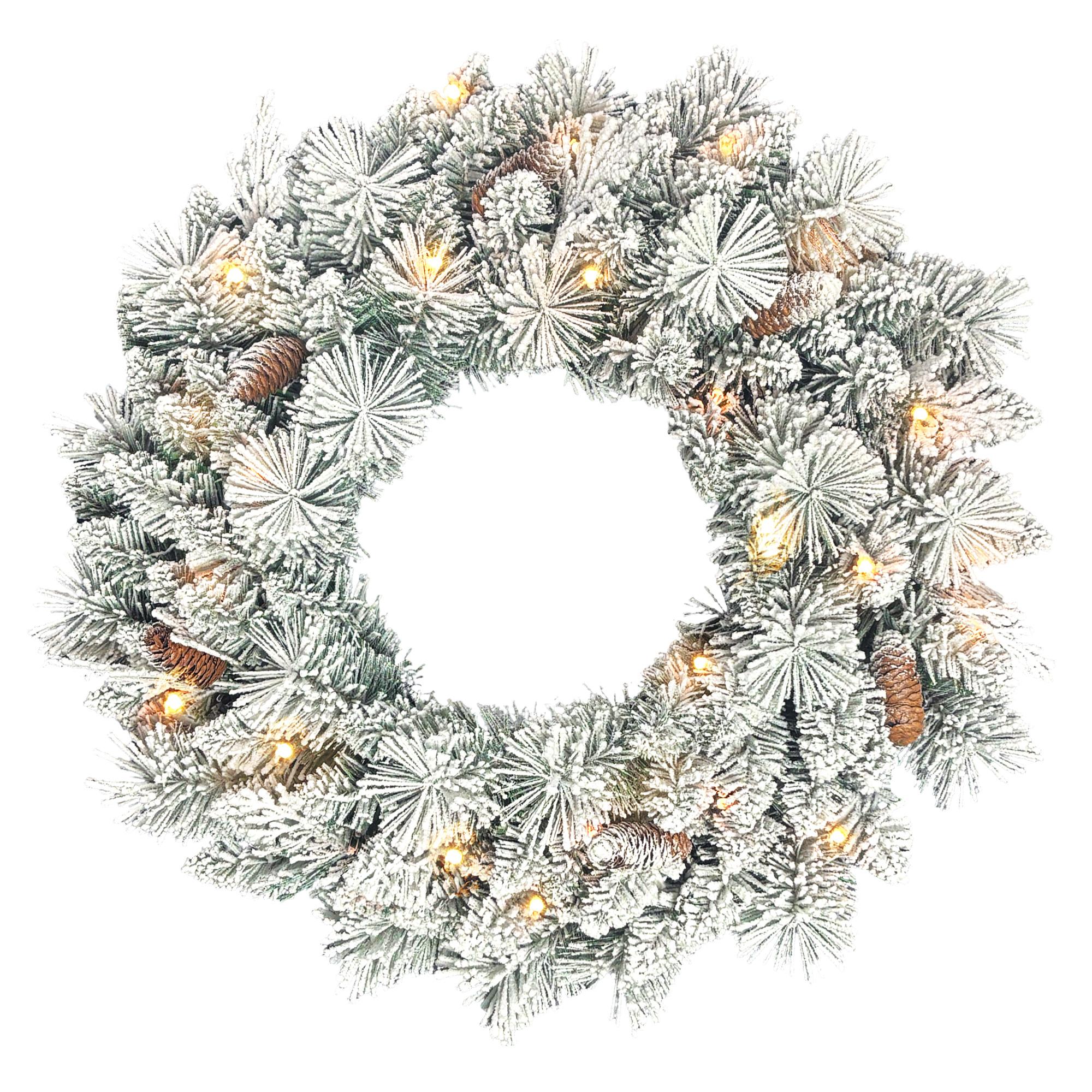 Couronne de Noël Lumineuse 60 cm Avec 35 LED Blanc Chaud Minuterie 98 Branches Pommes de Pin Vert et Blanc
