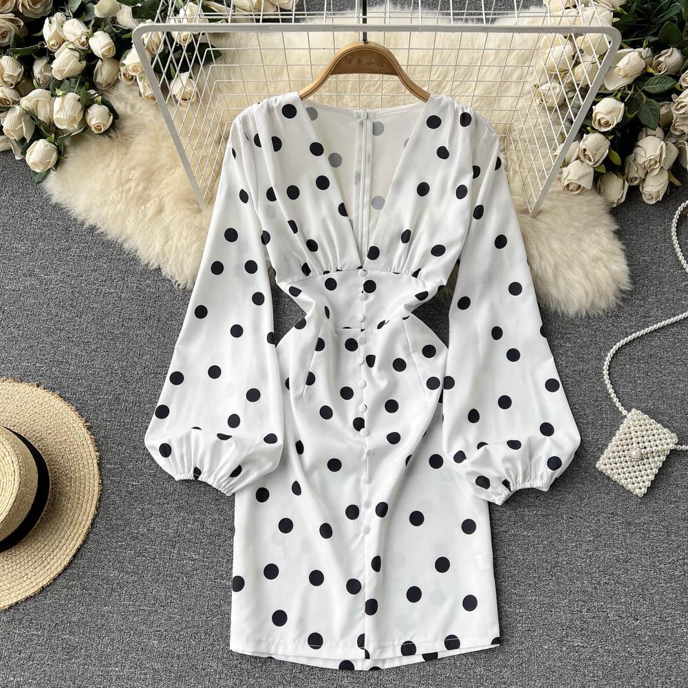 

Модное платье с волнистыми точками, женское сексуальное короткое платье с низкой грудью и v-образным вырезом, с тонкой талией и рукавами-фонариками, с запахом бедра