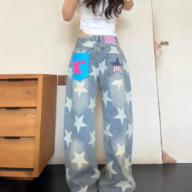 Gewaschene Jeans mit Sternenprint Lockerer Schnitt Gerades Bein Weit zulaufend Herren Damen Streetwear Freizeit