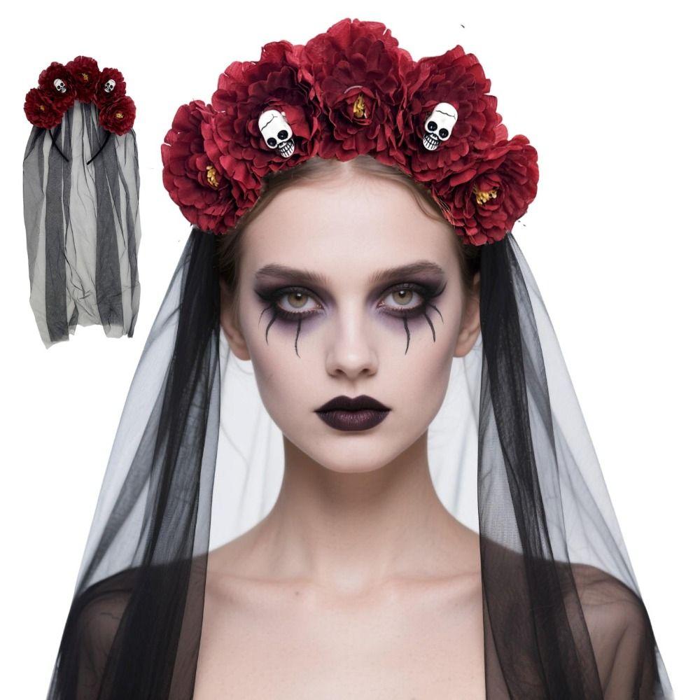 Girls Day of The Dead Flowers Headdress Long Ribbon Veil Gothic Head Hoop  Party Cosplay