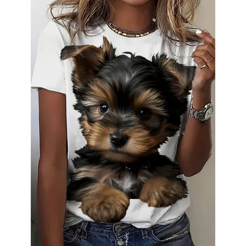 Damenbekleidung T-Shirt 3D Tier Hund Print Urlaub Rundhals lässig vielseitig bequem Pullover kurzärmelig Sommer Top