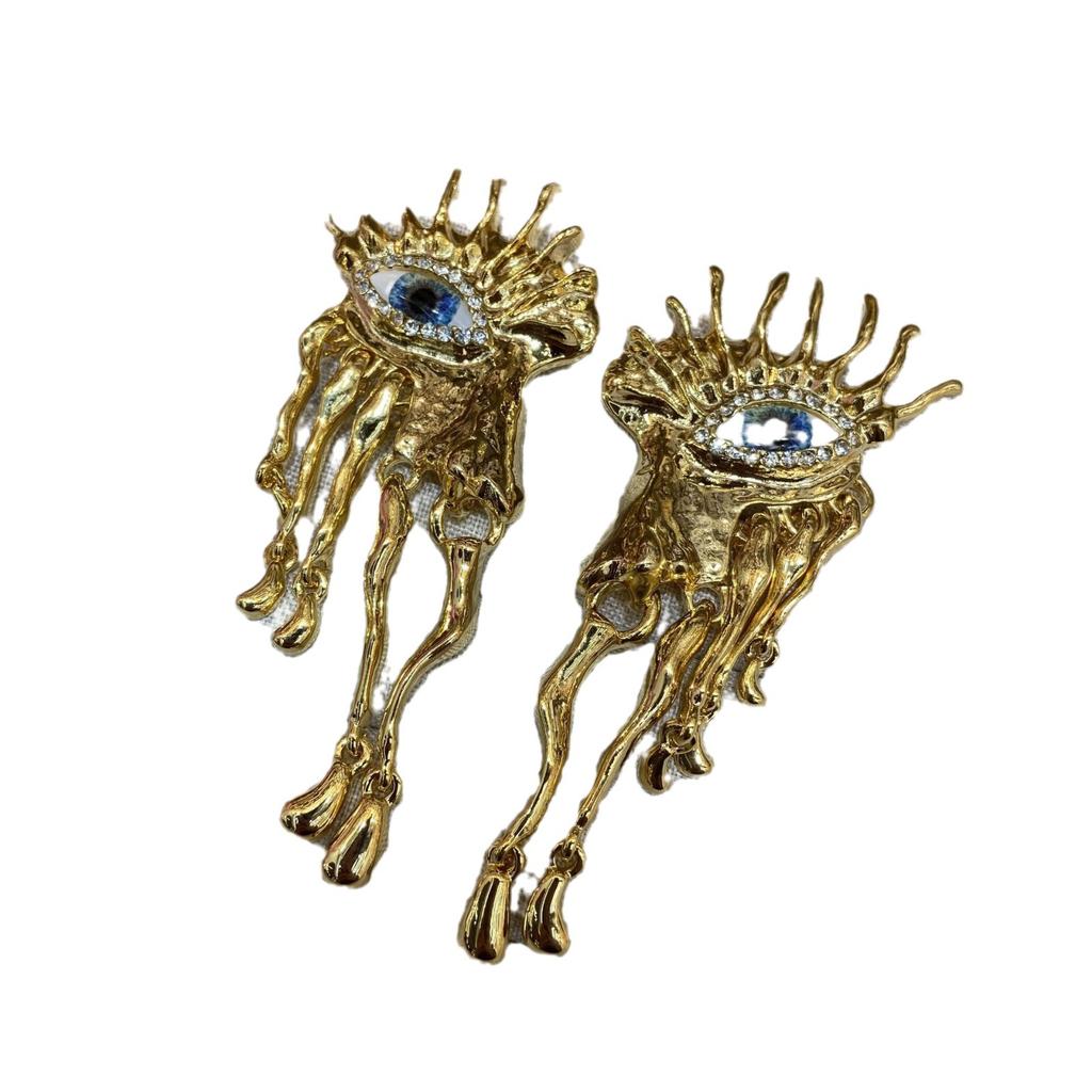 Xia Pa Rui Li Eye Earrings Exaggerated Blue Eye Earrings Women'S Retro Fringed Copper Plated Real Gold Color Retention Earrings