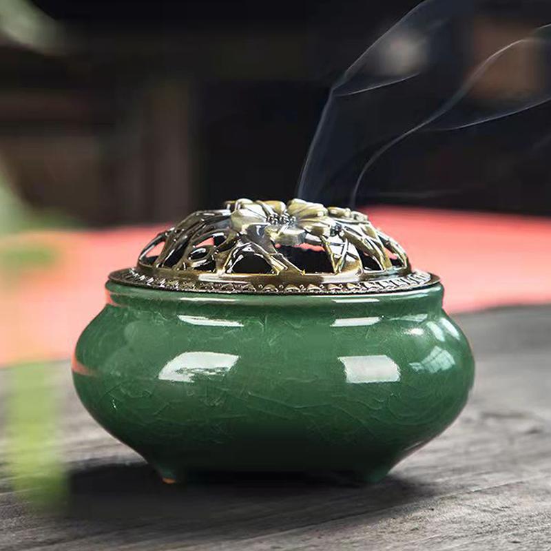Incense Burner With Lid Hollow Top Censer Holder Heat Resistance Incense Tower Ice Crack Pattern Peaceful Mind Censer Burner