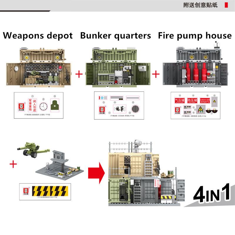 Tabără militară depozit arme echipamente blocuri de construcție buncăr soldat dormitor cameră pompă incendiu kit blocuri container jucării