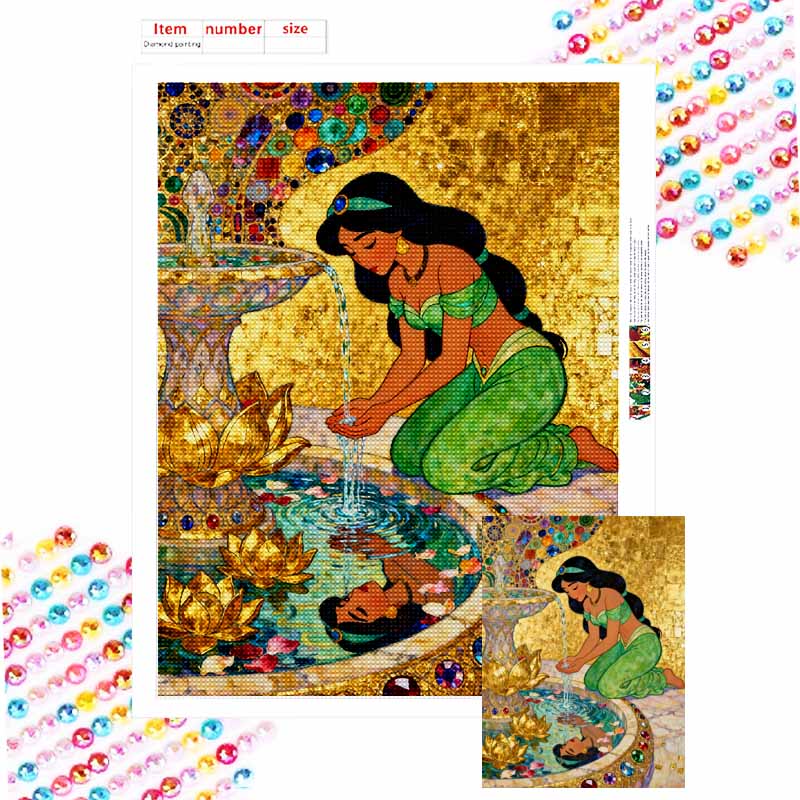Disney diamond painting handmade diy flat 5D Jasmine princess fountain gold background painting art home decoration