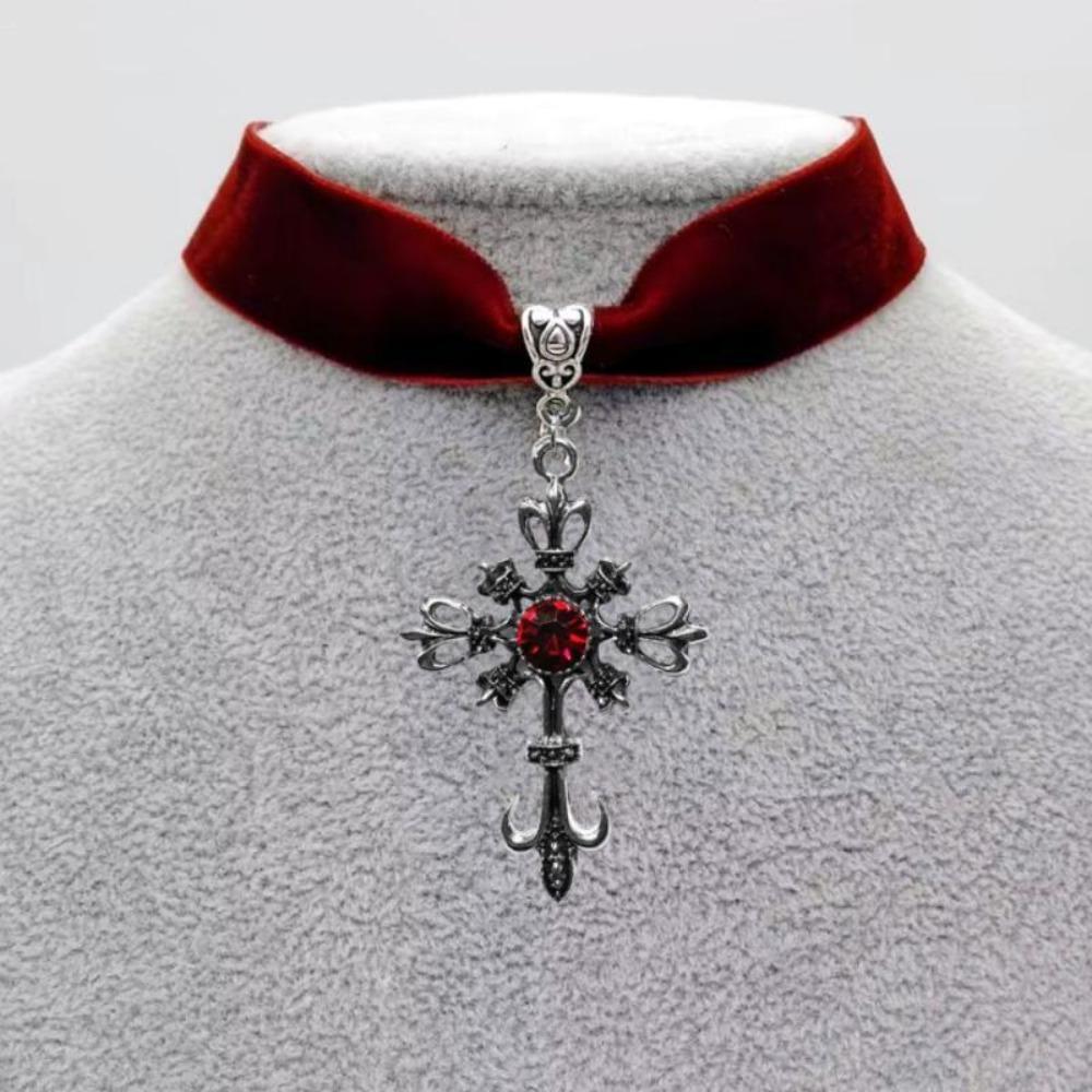 Temperament Gothic Inlaid Red Zircon Anchor Cross Pendant Velvet Necklace for Women Halloween Party Personality Collar Jewelry