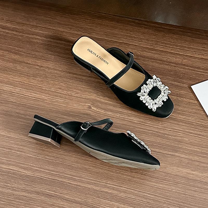 Y523-7 French rhinestone design sense versatile spring and autumn new gentle evening shoes thick heel bag head slippers women