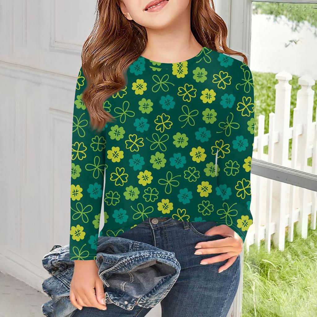 Dívčí trička s dlouhým rukávem Dětské podzimní topy Kulatý výstřih Vzorovaný potisk Základní trička 5-14L