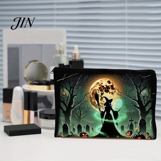 Dark Theme Zipper Bag Storage Bag, with Halloween Witch Castle Print, Large Wear-Resistant Makeup Pouch Capacity Canvas Cosmetic Organizer, for Travel