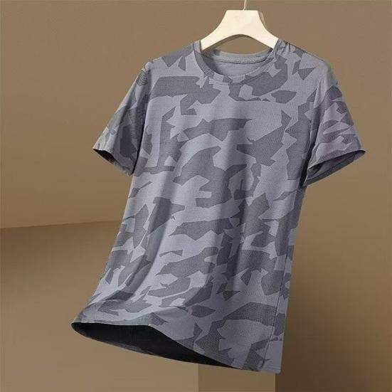 Summer Men T-shirt Round Neck Short Sleeves Thin Quick-drying Loose Camouflage Print Pullover Mid Length Casual Daily Wear Sport Travel Top