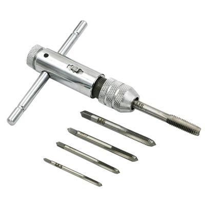 Ayarlanabilir Gümüş T-Saplı Cırcırlı Kılavuz Tutucu Anahtar 5 adet M3-M8 3mm-8mm Makine Vidası Dişi Metrik Tap T-şekilli Kılavuz