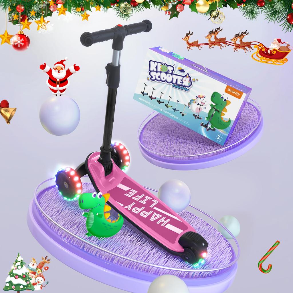 besrey Kick Kickboard for Kids 3 Wheel 3 Level Direction Rear Wheel Height Illuminated LED Easy to Birthday Pink Scooter, Kids, Scooter, Tricycle,