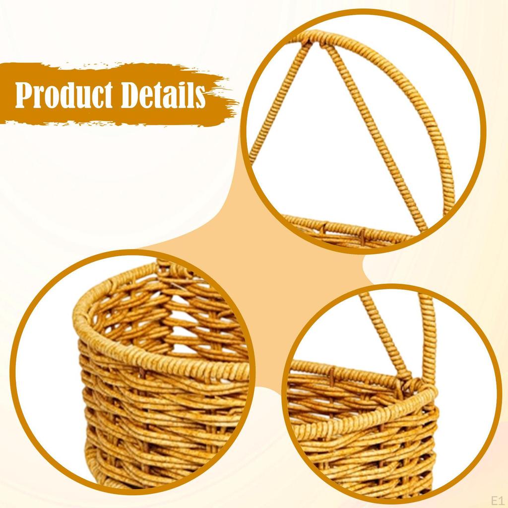 Cesta de Armazenamento Decorativa Feita de Rattan Sintético com Alça, Pendurada Feita à Mão para A
