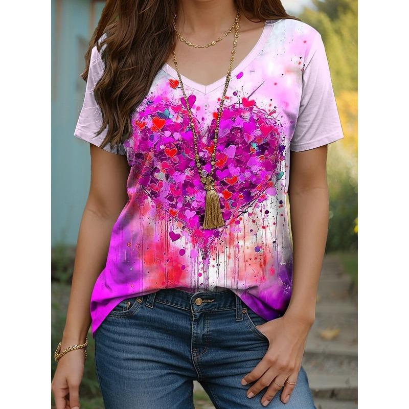 Sommer V-Ausschnitt 3D Liebesmuster Bedrucktes Top Modische Lässige Kurzarm Damen T-Shirts