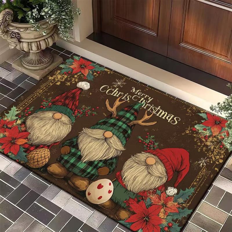 Christmas Gnome Doormat Santa Snowman Snowflake Bell Pattern Decorative Floor Mat for Front Door Indoor Outdoor Holiday Decor